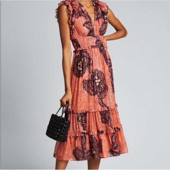 Ulla Johnson Akira Metallic Shibori Silk Printed Midi Dress Coral Pink‎ Size 6 - Picture 4 of 17